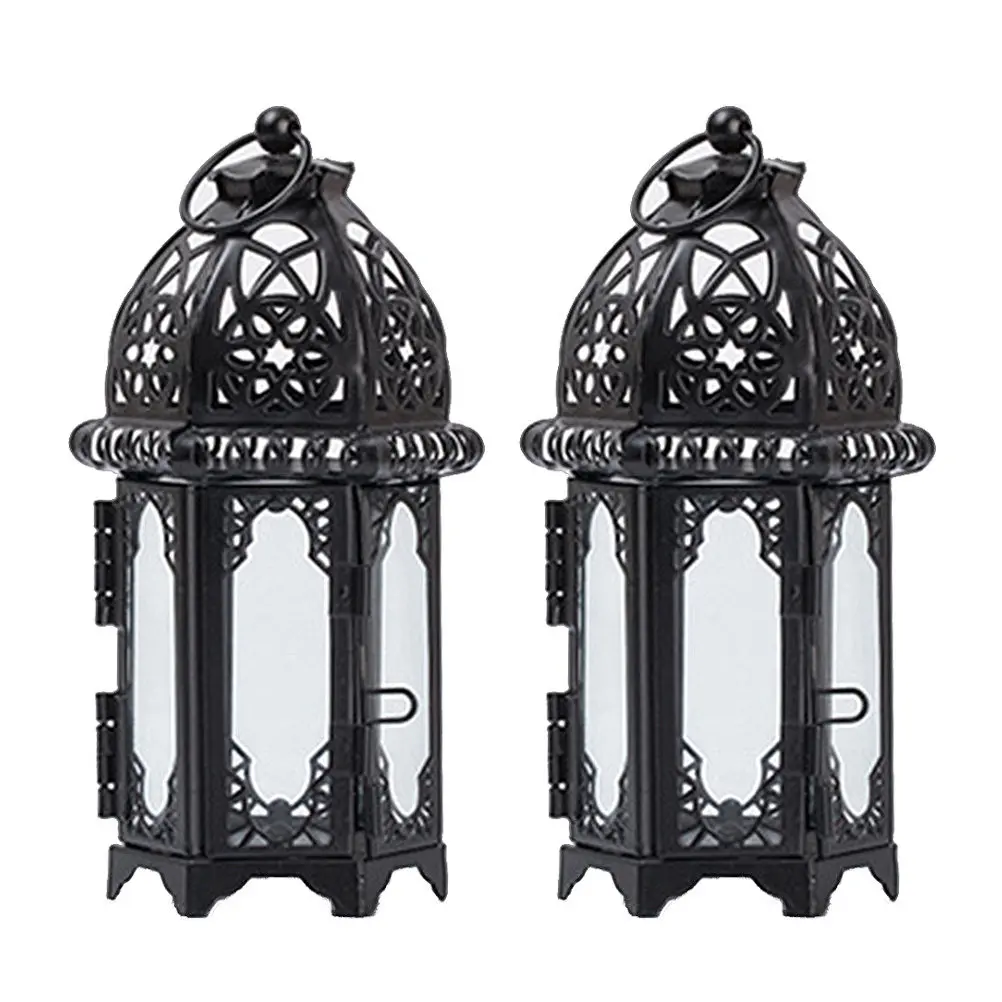 2Pcs Iron Lanterns Morocco Inspired Clear Glass Panels Versatile Wedding Christmas Valentine Prom Decor Lantern