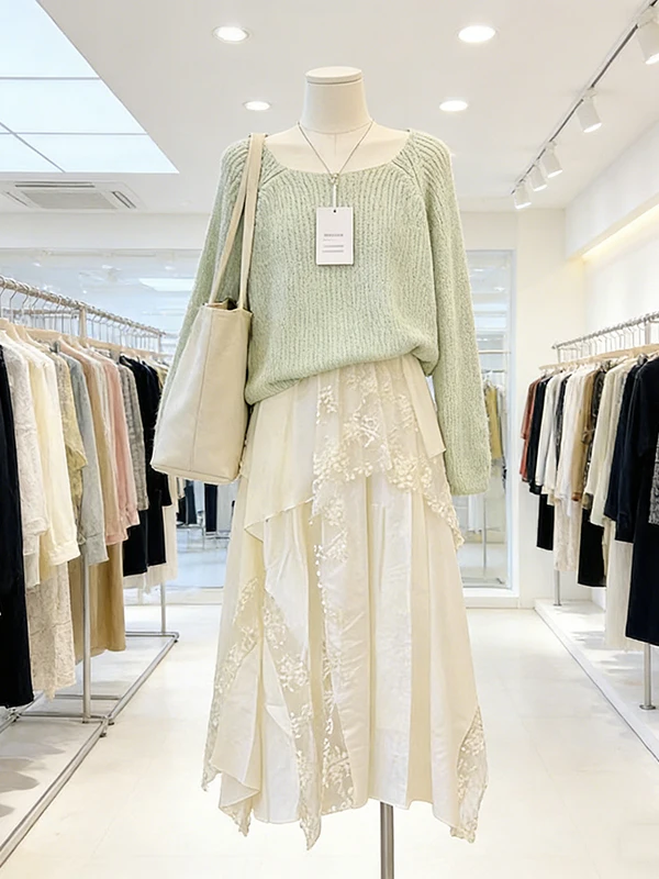 

Large Size Square Collar Knitted Top with Asymmetrical Lace Skirt Two-Piece Set High Waist Pure Color Spring Fashion Women's ...