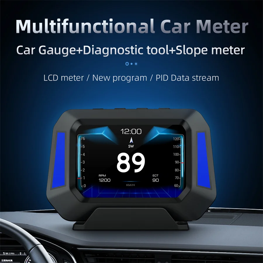 OBD2+GPS+Slope Meter HUD Smart Gauge Speed RPM BAT Alarm Acceleration&Brake Test Scan Fault Code