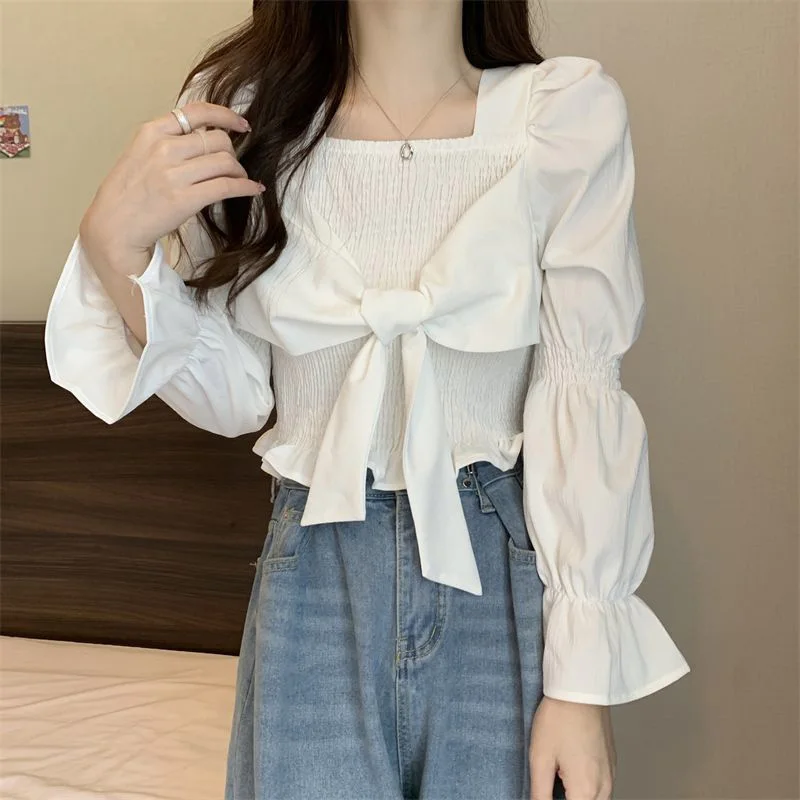 French Style Women Bow Shirts Casual Folds Puff Sleeve Black Base Shirt Female Elegant Slim Square Collar White Blouse Woman