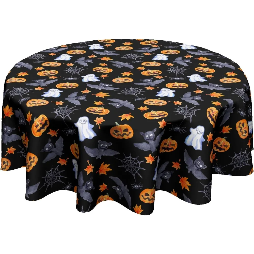 Sweetshow Halloween Spooky Round Tablecloth Black Bat Cobweb And Ghost Decorative Table Cloth 60 Inch Polyester Fabric Farmhouse