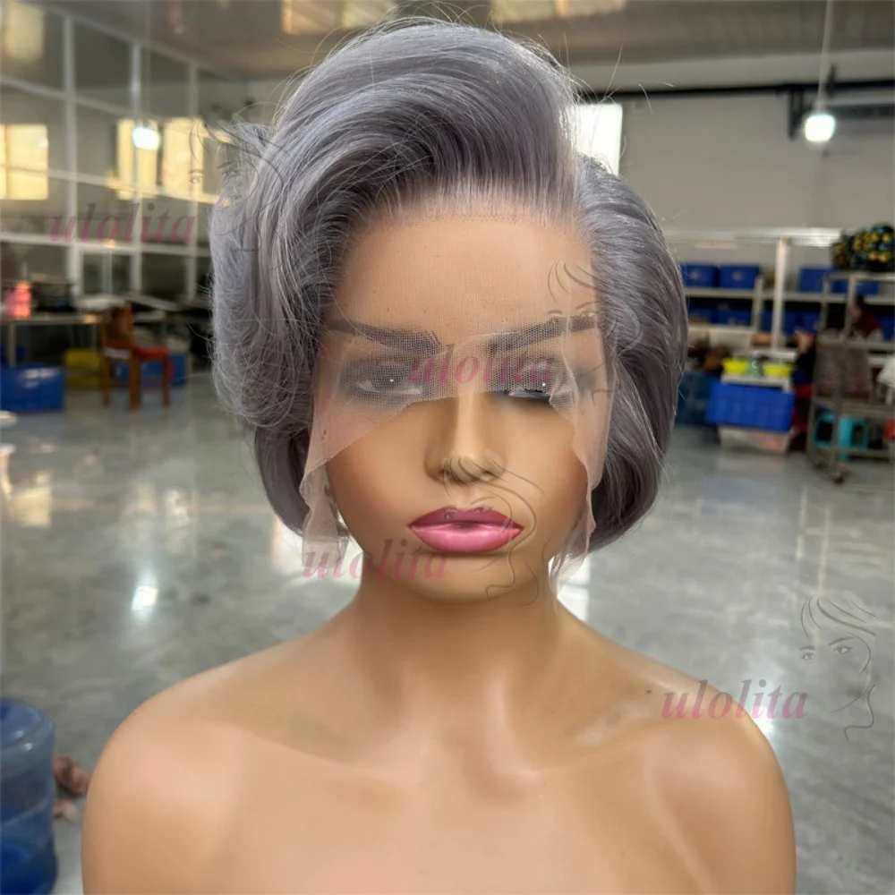 Pixie Cut Echthaarperücken, Salz-und-Pfeffer-Perücken, kurze Bob-Echthaarperücken, sofort tragbar, ohne Klebstoff, 13x4 Lace Frontal Perücken, brasilianisch gewellt – Detail 2