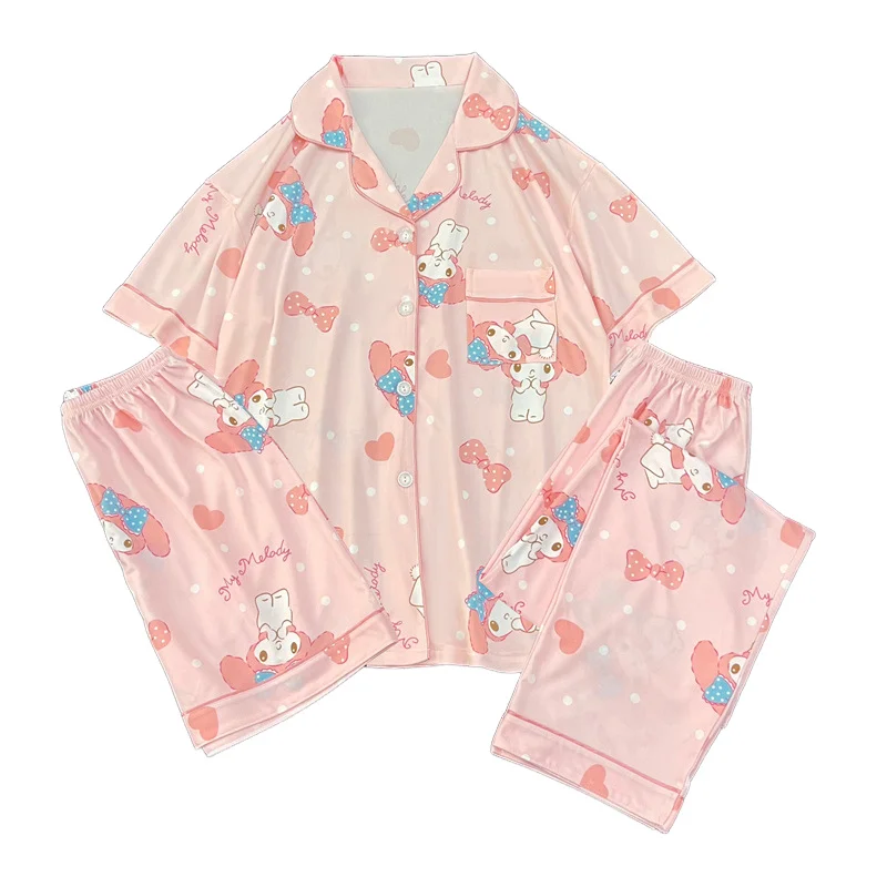 

Sanrio Kit Girl Сексуальная футболка Шорты Пижамы Костюм-тройка Kawaii My Melody Аниме Мода Для отдыха Летние брюки Одежда для отдыха