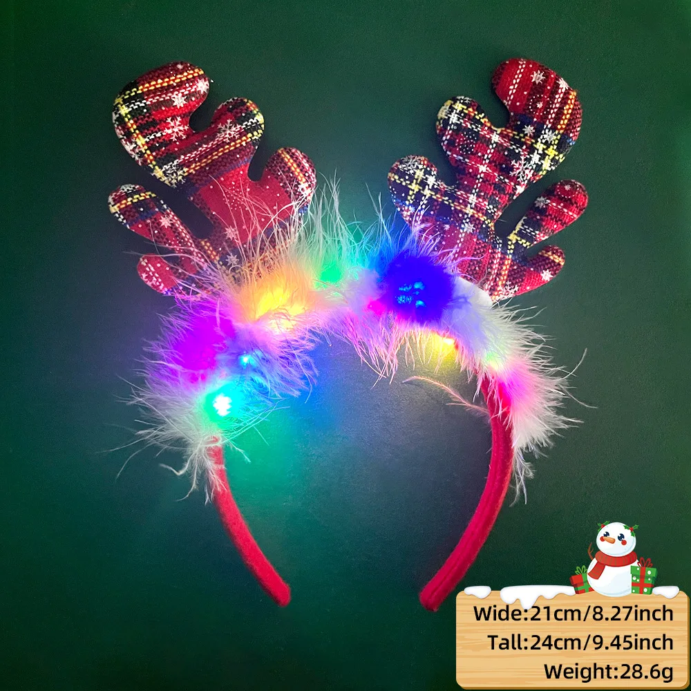 Diadema navideña LED con astas, diadema navideña con luz LED colorida, árbol de Navidad brillante, banda para el pelo con copos de nieve