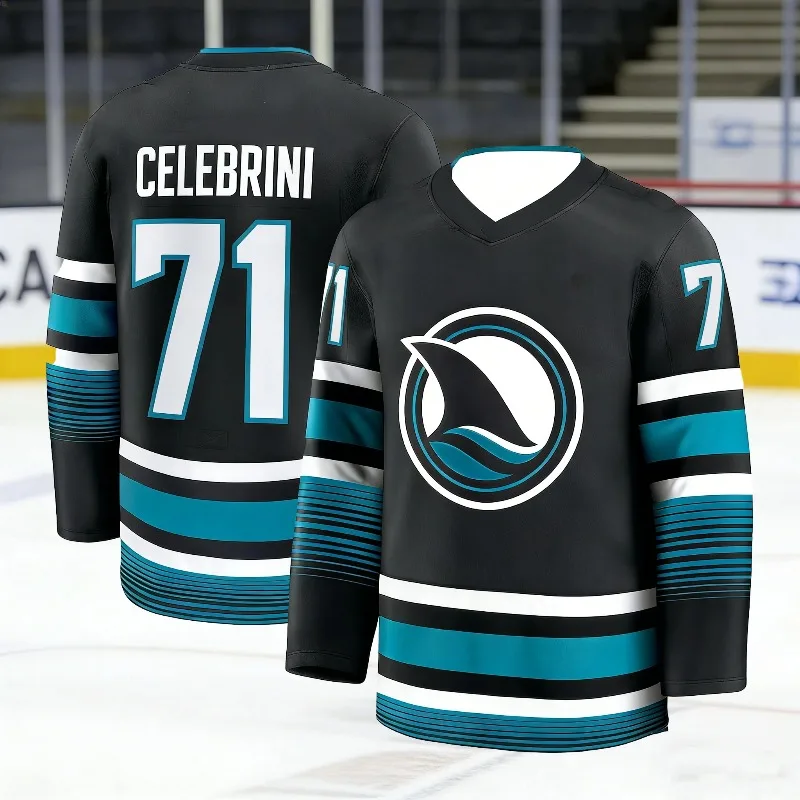 Hot Selling Celebrini 71 Shark Inspired Ice Hockey Training Jersey Breathable Athletic Long Sleeve Sports Top with 3D Print