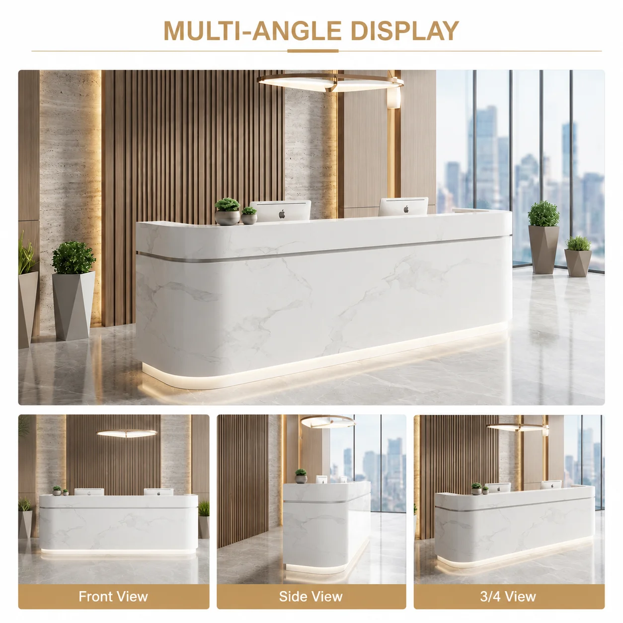 Customizable Modern Luxury Minimalist Marble Pattern Curved Wood Front Reception Desk LED Light Eco-Friendly Durable Gym Hotel