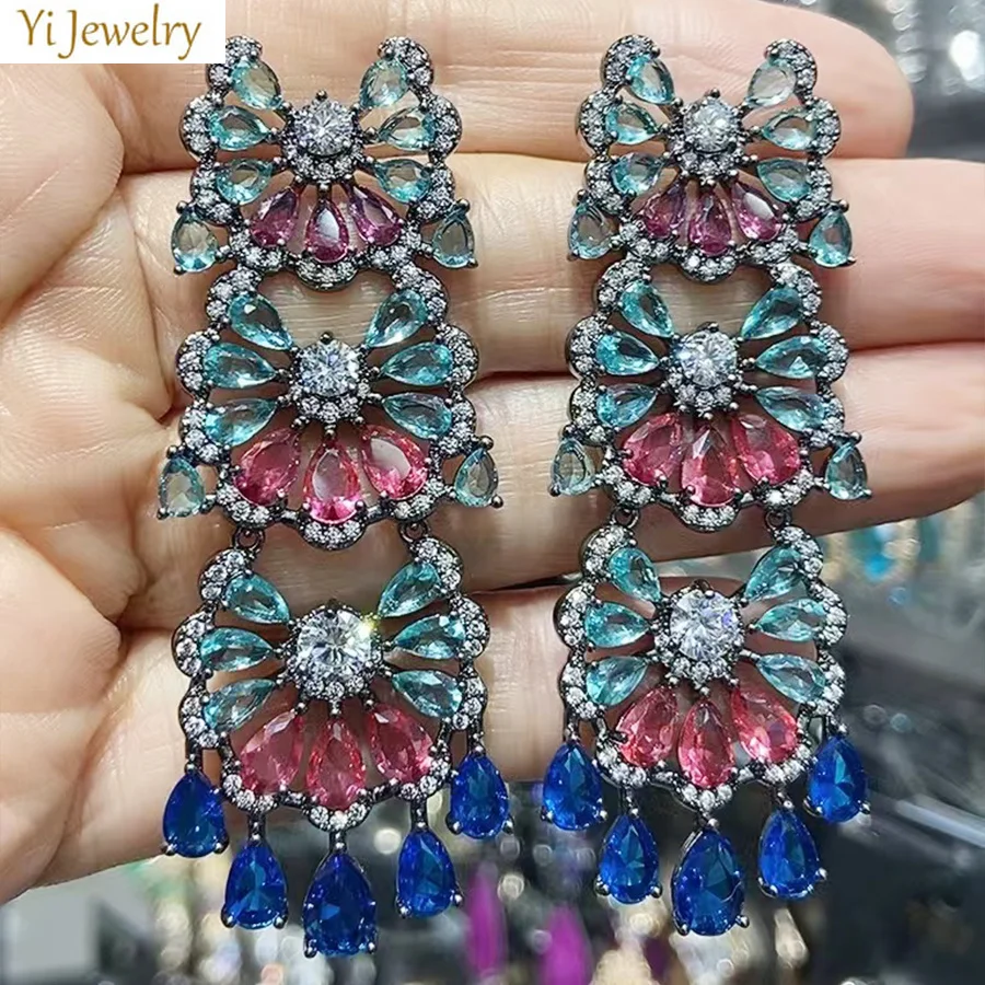 Long Dangle Earrings for Women Wedding Dinner Party Shiny Jewelry Colorful Cubic Zirconia Flower Earrings
