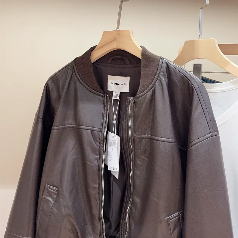 Sli ort American Retro Leather Jaet Mantel Kerah Ritsleting Wanita Merek Wimigirls Longgar Fit Lengan Panjang Pakaian Luar Musim Semi