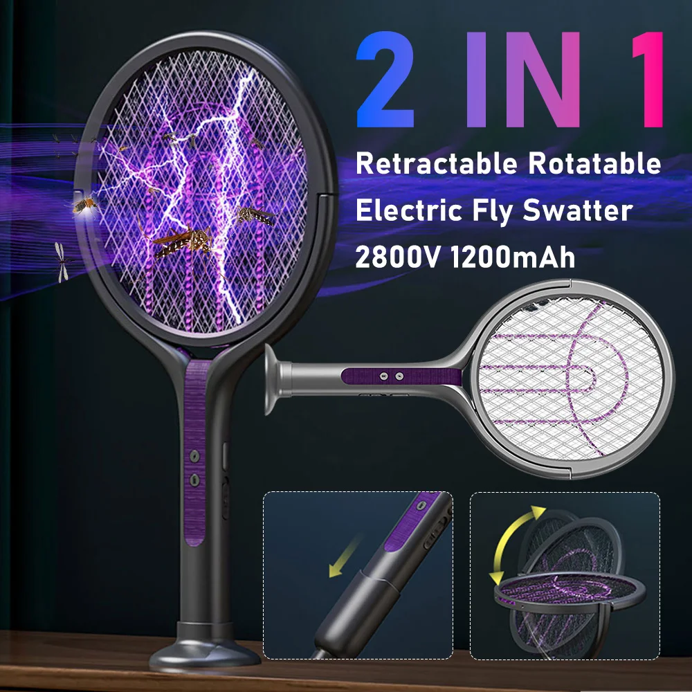 New 2-In-1 Mosquito Killer Lamp Multifunctional Angle Telescopic Mosquito Swatter USB Rechargeable Mosquito Swatter Bat Swatter