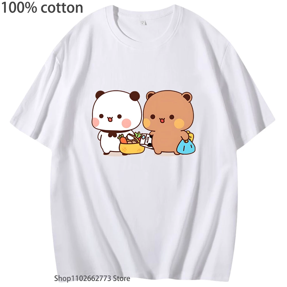 

Cute Bubu and Dudu Go To Grocery Together T-Shirts Couple Kawaii Graphic Shirt Funny Panda Bear Tops Women Men 100% Cotton Tees