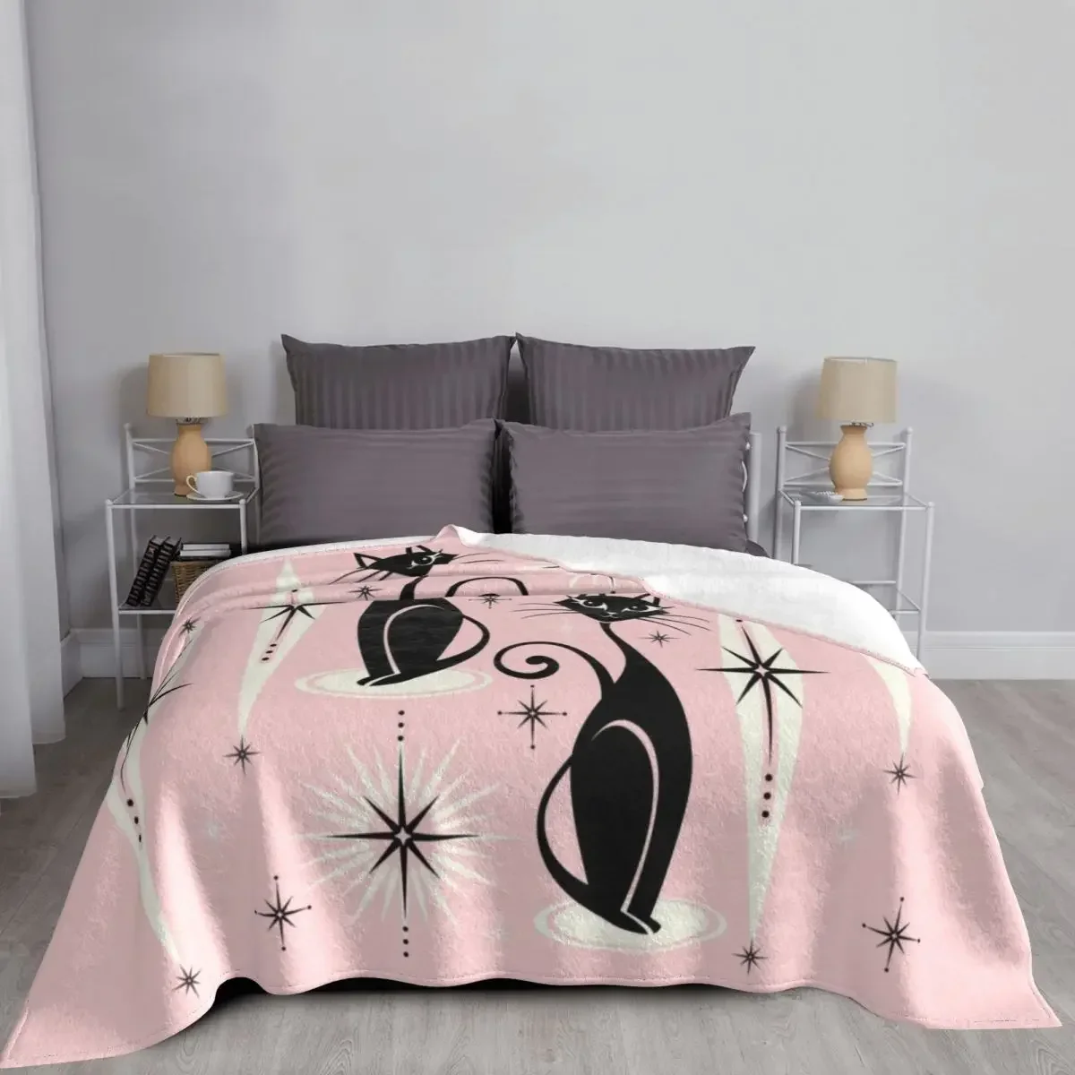 Cute Black Cat Blankets Soft Warm Flannel Mid Century Meow Retro Atomic Kitties Throw Blanket for Bedding Couch Bedspread, Gifts