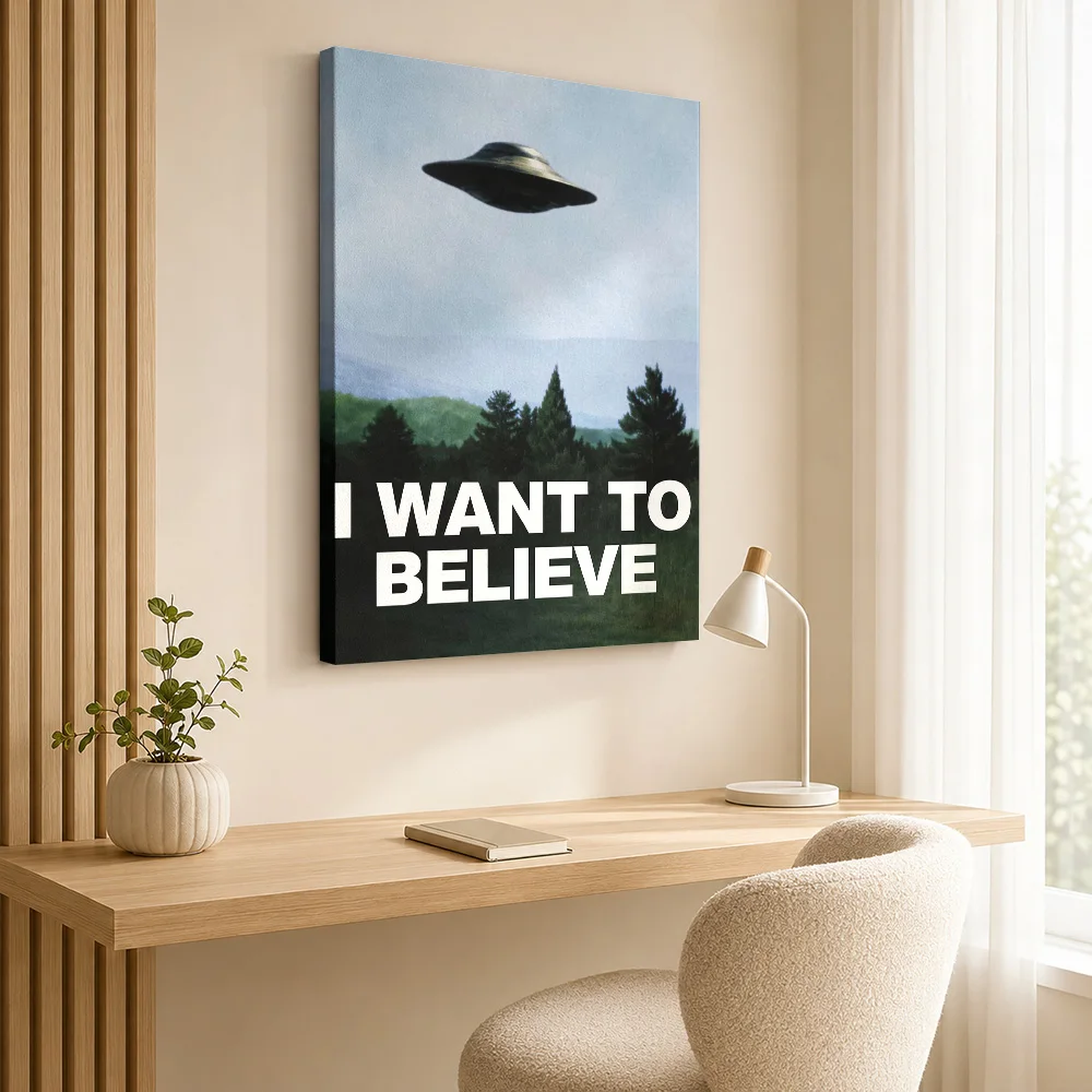 UFO Want To Believe Quote Canvas Print With Wooden Frame Personalized Photo Bold Statement Lettering Wall Art For Home Office