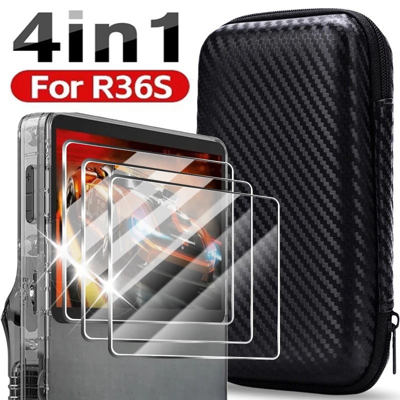 Bag with Screen for R36S Game Console Protector Accessories Kit Screen Protector Tempered Glass Film & EVA Portable Storage Bag