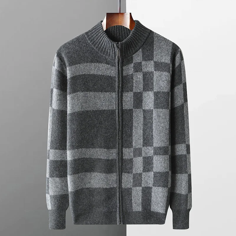 

Autumn and winter 100% merino wool cashmere coat men's semi-high neck cardigan leisure plaid padded knitted coat warm coat