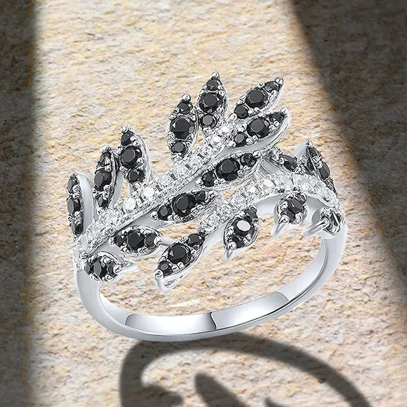 925 Sterling Silver Leaves Rings Female Fashion Jewelry Engagement Bright Black/White Zirconia Finger Ring for Women