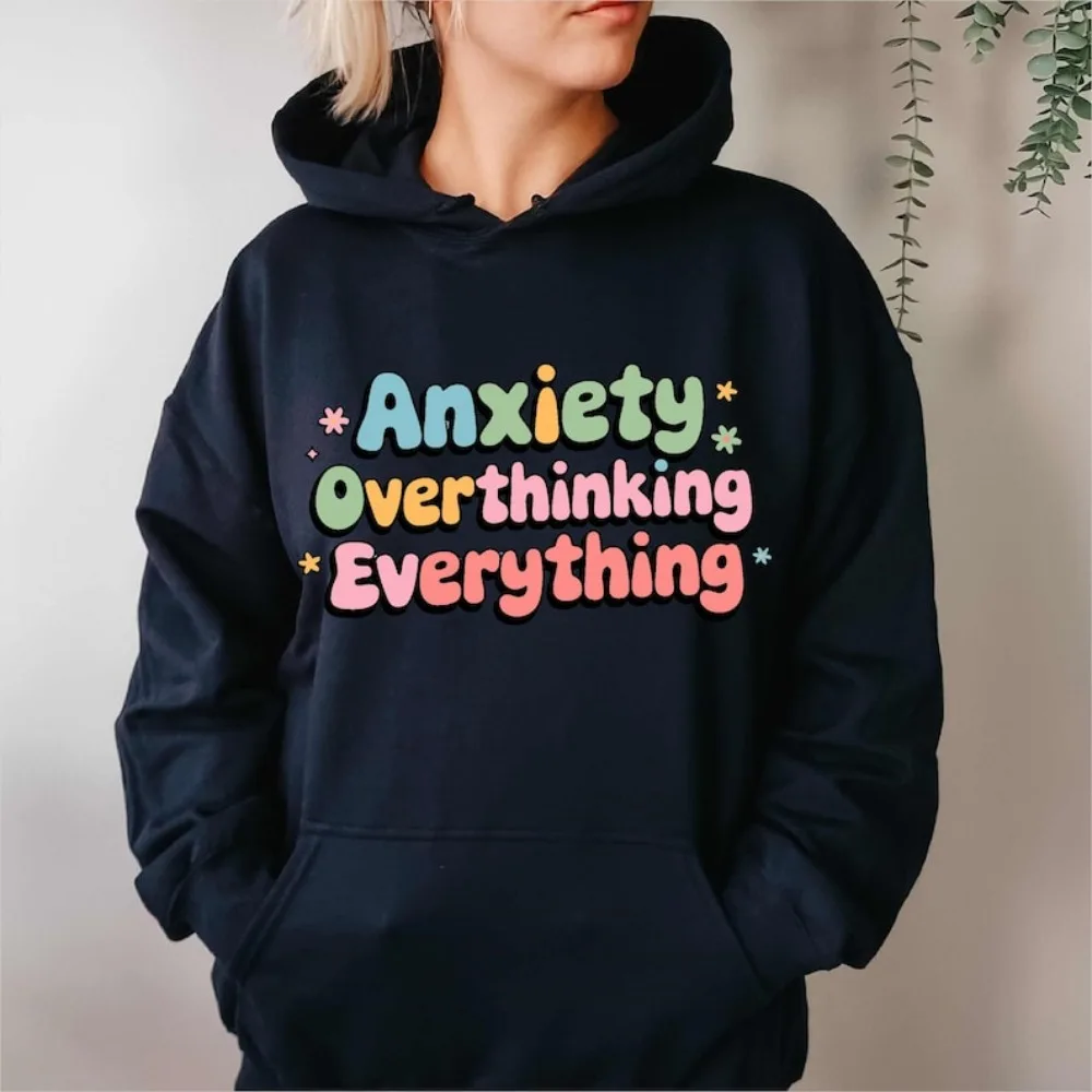 不安、考えすぎる、すべて、パーカー、メンタルヘルス啓発、衣類、女性、モダンでトレンディなスウェットシャツ、秋冬アパレル