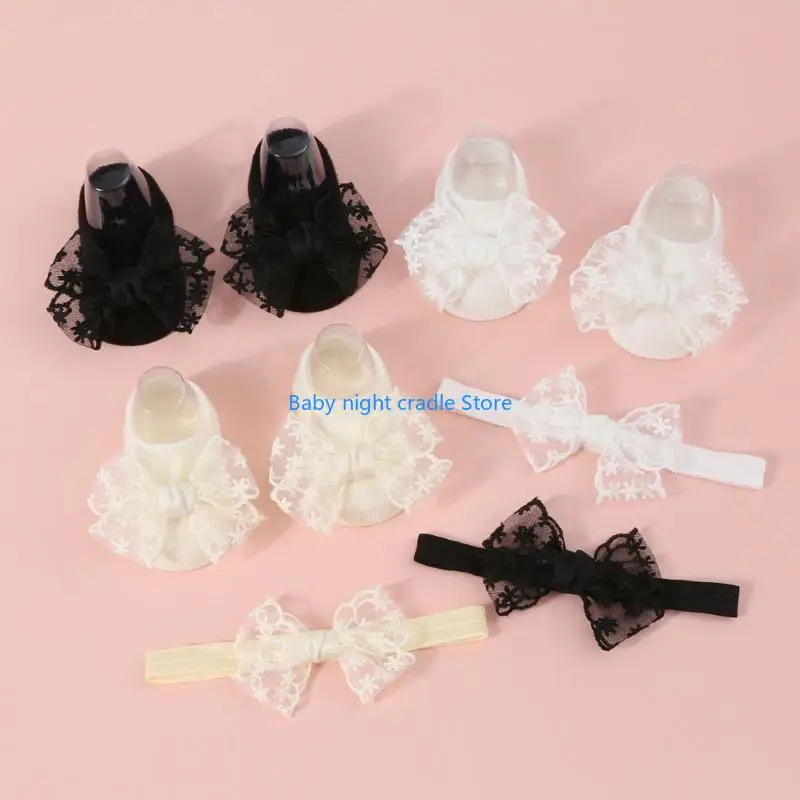 J2FF جورب أنبوب قصير مع مجموعة عصابات رأس الجوارب الطفل المألوف الحلو الدانتيل الانحناء تصاميم جوارب يمكن السير بها على الأرض #4