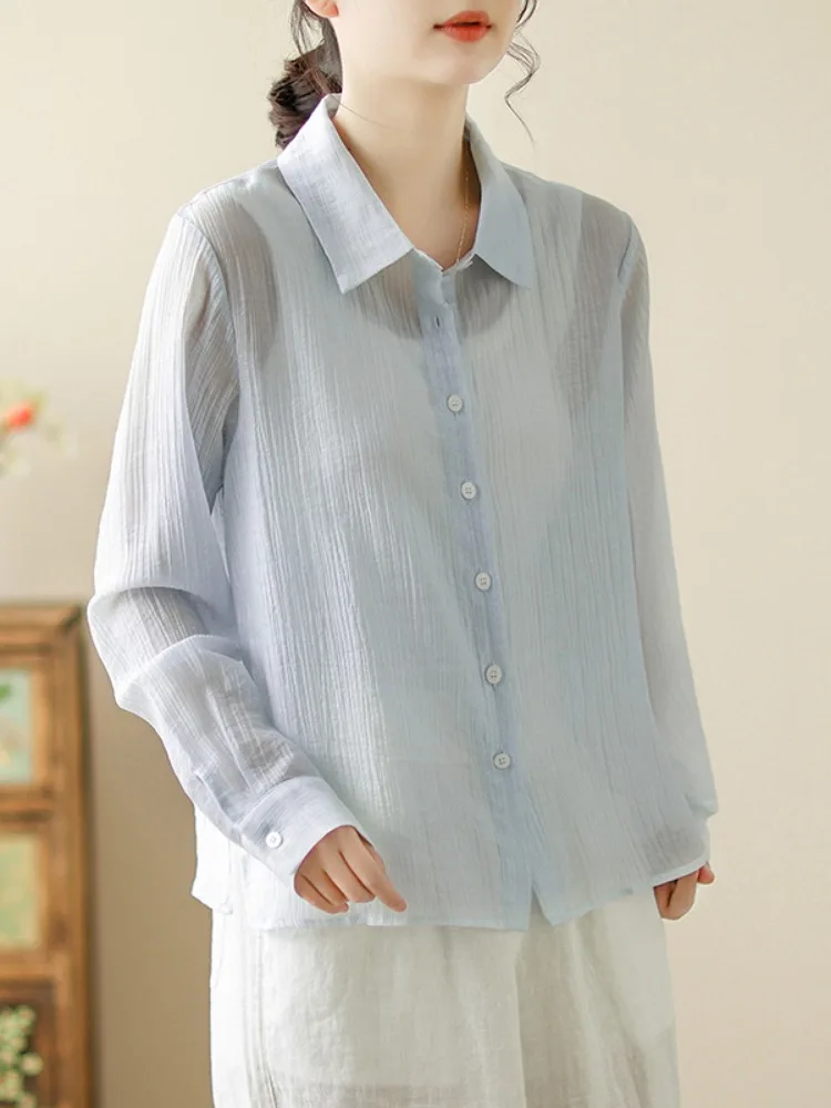 Chic Anti-Aging Cotton Linen Light Blue Shirt Women's Autumn Layering Beautiful Long Sleeve Loose Feeling Top