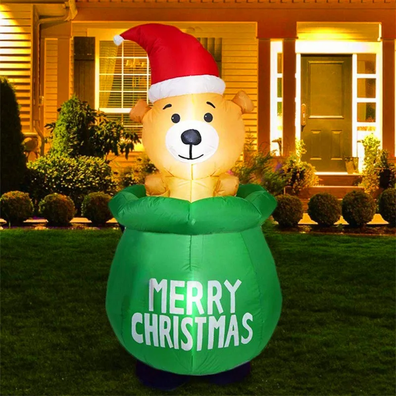 5FT Christmas Inflatable Decoration Bag Bear with LED Lights Air Inflated Model Outdoor Home Xmas Decor Festival Supplies Toys