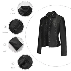 YJKDYK 2024 Spring Autumn Women's Leather Jacket Female Rivet Leather Jacket Women Cardigan Button Up Lapel Leather Outwears