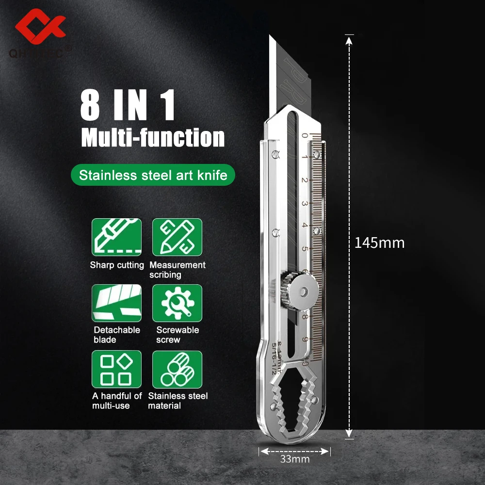 

8 In 1 Utility Knife Box Cutter Mutipurpose Stainless Steel Retractable Heavy Duty Waterproof Snap off Cutter Knife And Blades