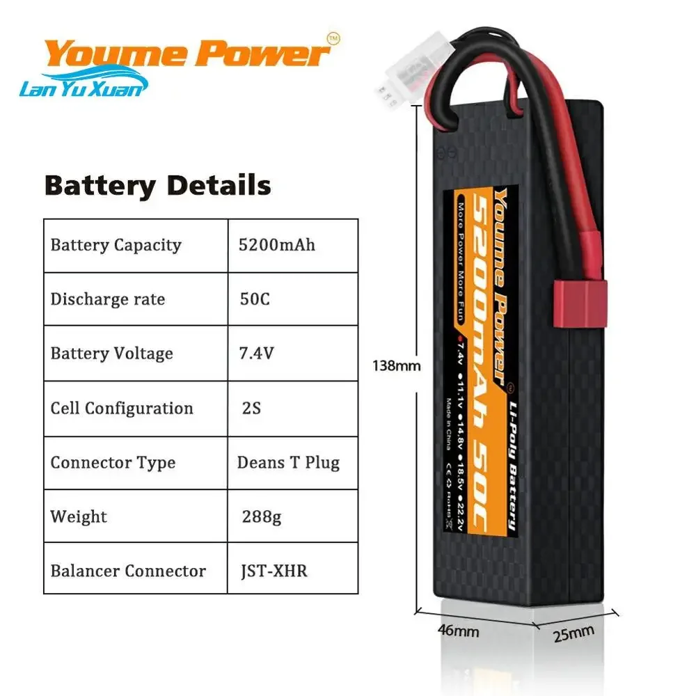 2PCS  2S Lipo Battery 7.4V 5200mah 50C Deans T XT60 EC3  Hard Case for RC Car FPV Drone Helicopter Airplane Boat Truck