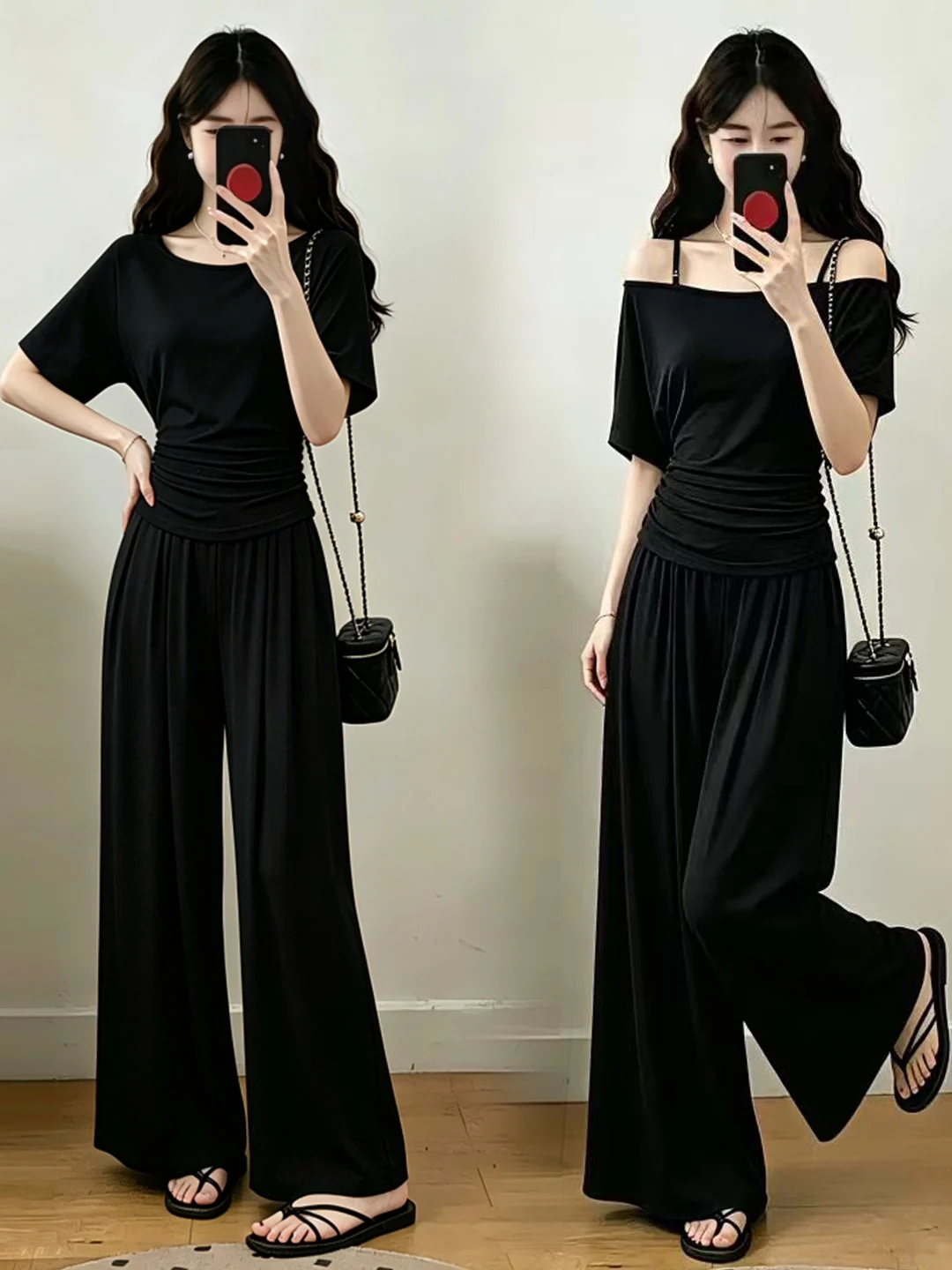 

Summer 2026 plus Size T-Shirt Set Lazy Casual Style Pleated One-Shoulder Meat Concealing Slimming Korean Version Loose Fit