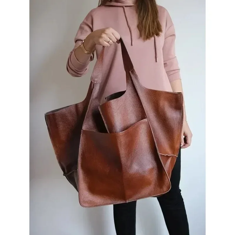 Large Women Handbags Interior Zipper Pockets Shoulder Bags Totes Capaccity Vintage Style Soft Leather Hasp Bucket Bags