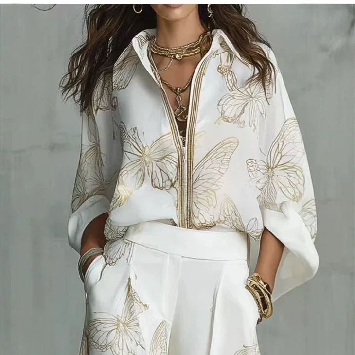 Lady Cloth Loose-fitting Zip-up Shirt And Wide-leg Pants Fashion Random Two-piece Set Luxury Vestidos Party Prom 2 Piece Outfit