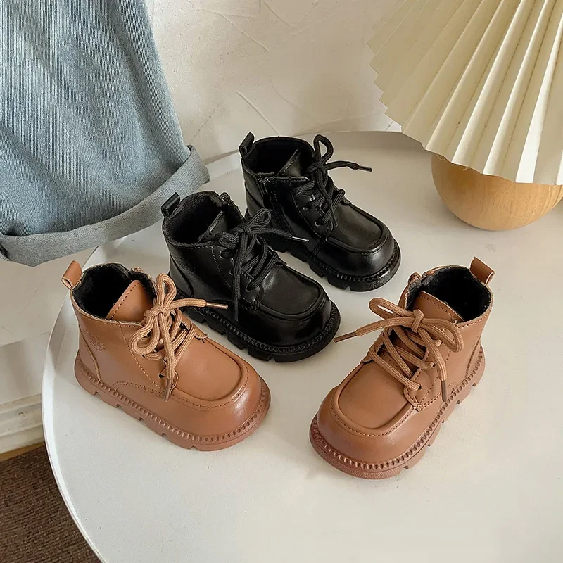 Boy Lace-up Short Boots Fleece Lining Winter Non-slip Girl Soft-soled Warm Leather Boots Children Lightweight Cotton Shoes Kids