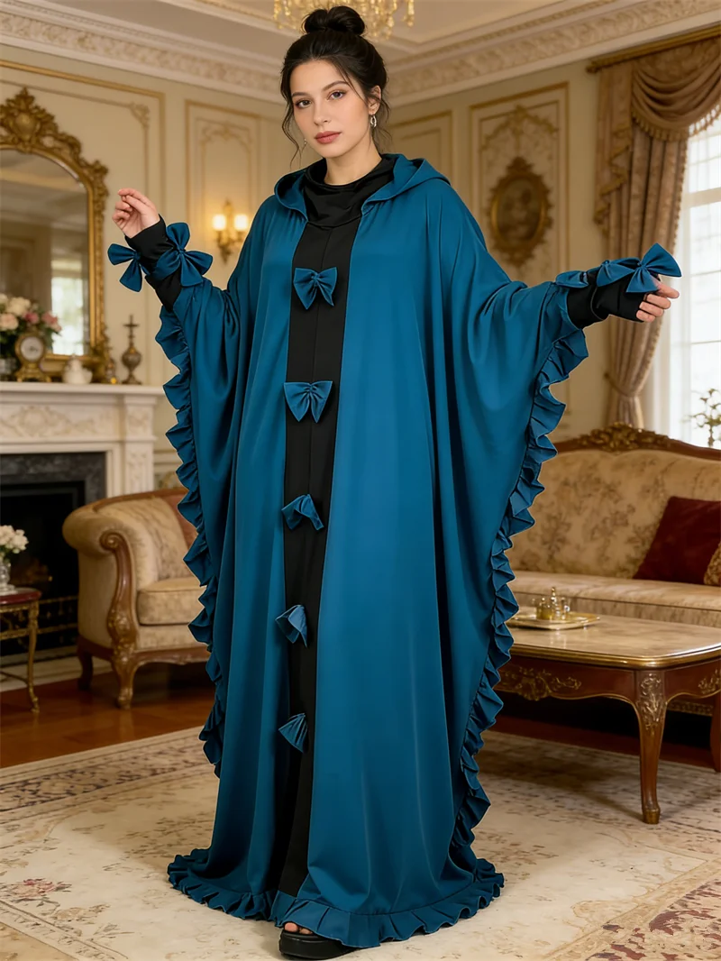 

Eid Djellaba Bow Abayas for Women Muslim Dress Dubai Hooded Abaya Turkey Kaftan Ramadan Islam Clothing Arabic Robe Jalabiya Gown