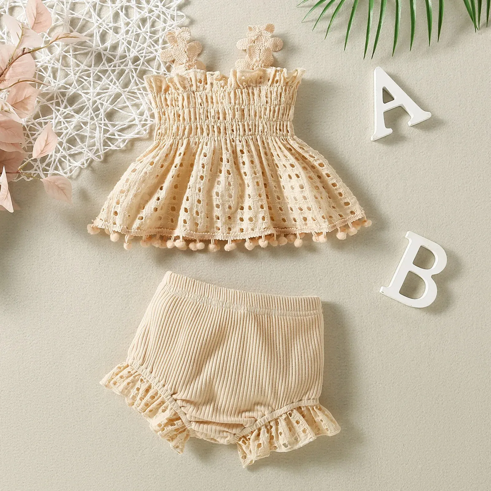 2PCS Baby Girl Summer Flower Sling Harness Set Triangle Crawling Suit Machine Washable