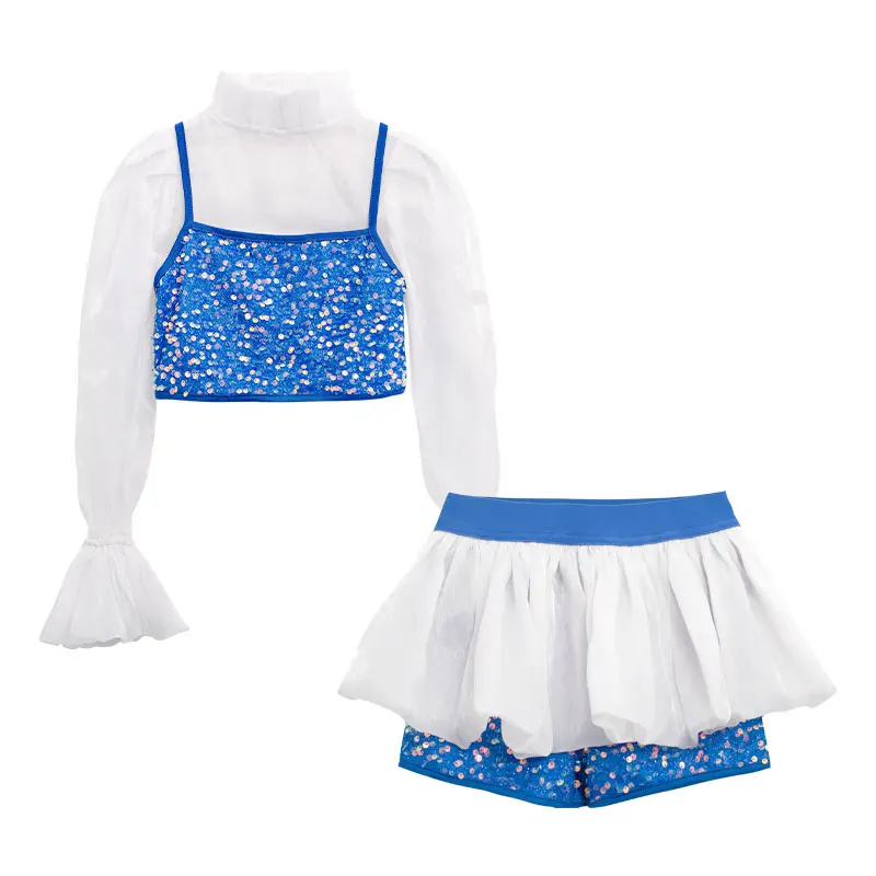 ZZL Urban Dance Children Clothes Fashion K-pop Stage Outfits 2 Pcs Sequin Blue and White Costume Jazz Dance Catwalk Performance