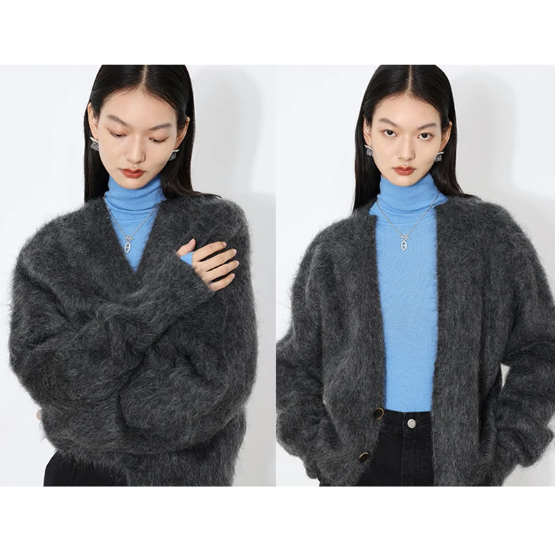 Cropped Knitted Cardigan Winter Long Sleeve Jumpers Women Mink Cashmere Sweater Outerwear Fashion Elegant V Neck Knitwear