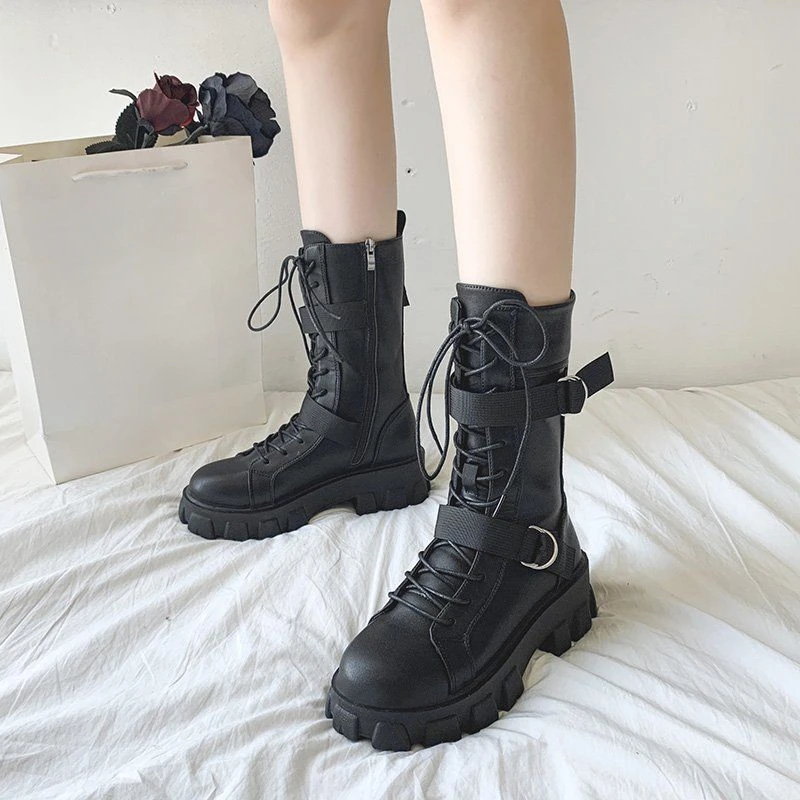 Shoes for Women Biker Footwear Mid Calf Platform Ladies Boots White Half High on Promotion Hot New Rock Winter 2024 Novelty Pu