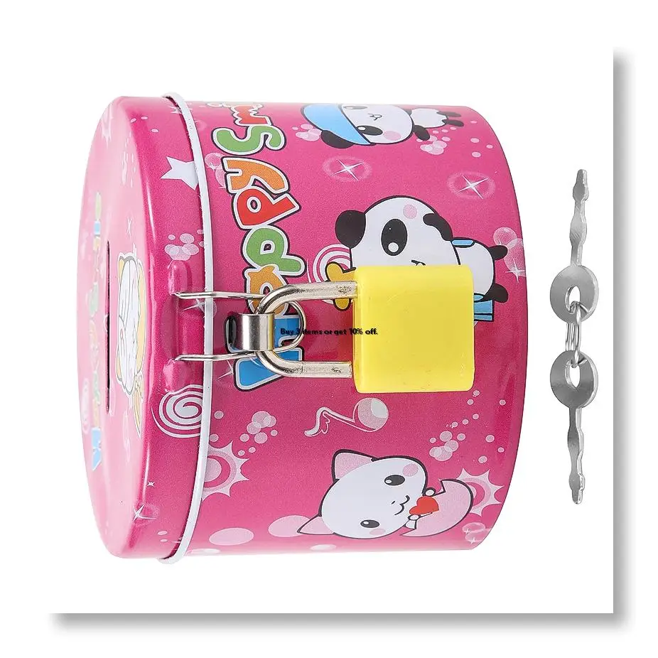 ✼Cylinder Design Cartoon Print Piggy Bank Coin Money Saving Box w Padlock