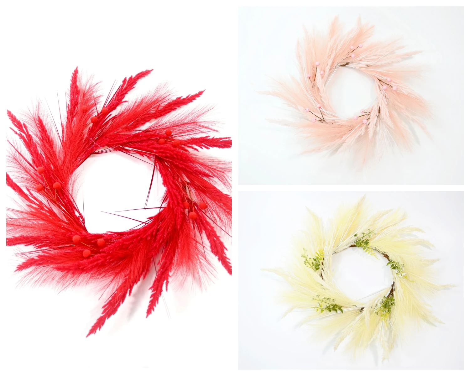 Pampas Reed Fofo Penas Grinalda, Plantas Plásticas, Pom Pom Berries, 22"