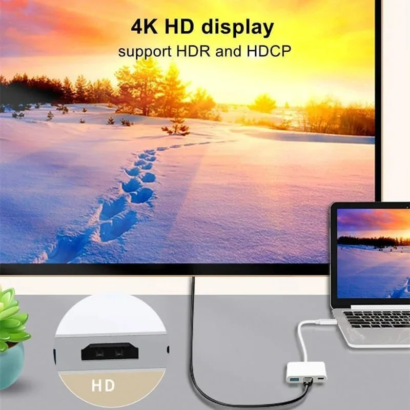 USB-C Digital Av Adapter Thunderbolt3/4 to 4K HD Display PD with Fast Charging Port USB3.1 OTG 3in1 Hub Laptop Docking Station