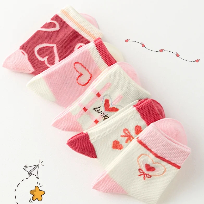 Chaussettes à motif de cœur pour enfants, coton doux, respirant, confortable, décontracté, sport, bébé, enfants, bébé, fille, enfants, 5 paires