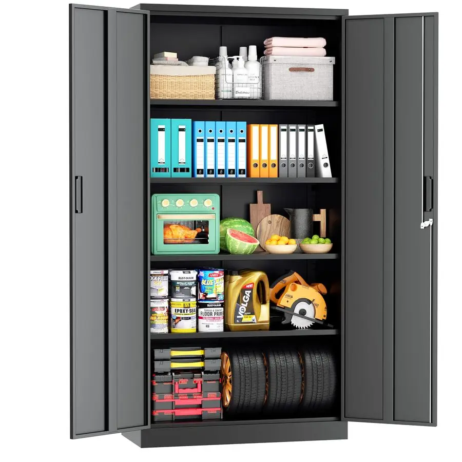 

Металлический шкаф для хранения, 72 гаражные шкафы для хранения с замком, черный металлический шкаф с 2 дверцами и 4 регулируемыми полками для дома