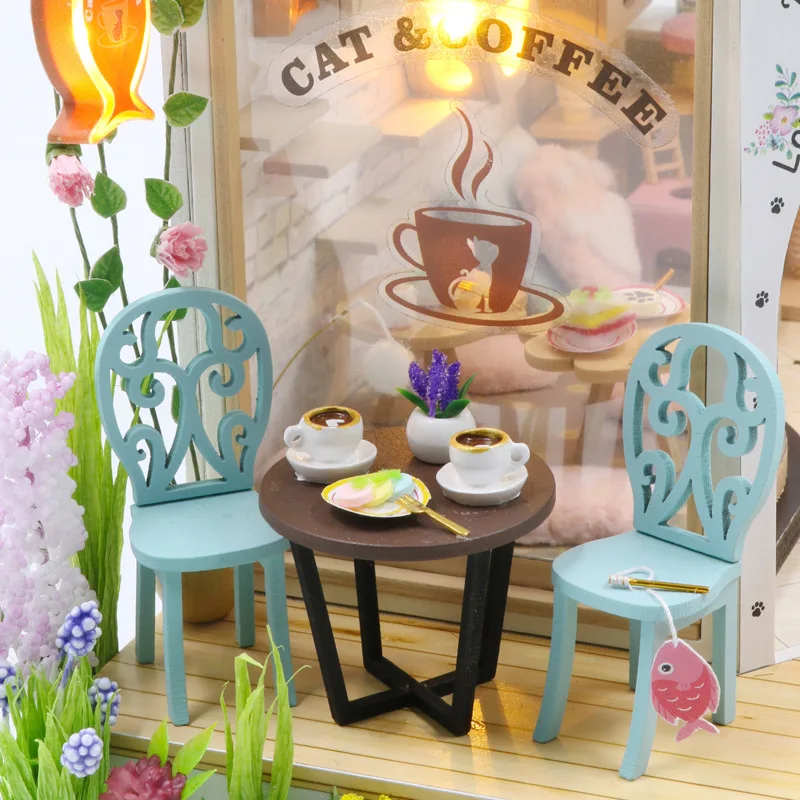2-in-1 DIY Miniature House Kits - Cat Café Backyard & Tailor Shop 3D Wooden Puzzle Handmade Creative Gift for Her Wholesale