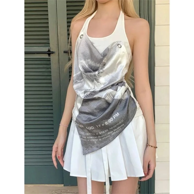 

Sleeveless T Shirt Women Y2k Clothes Halter T-shirt Backless Tank Top Cuteore Printed Tees Fake Two Pieces Streetwear Summer