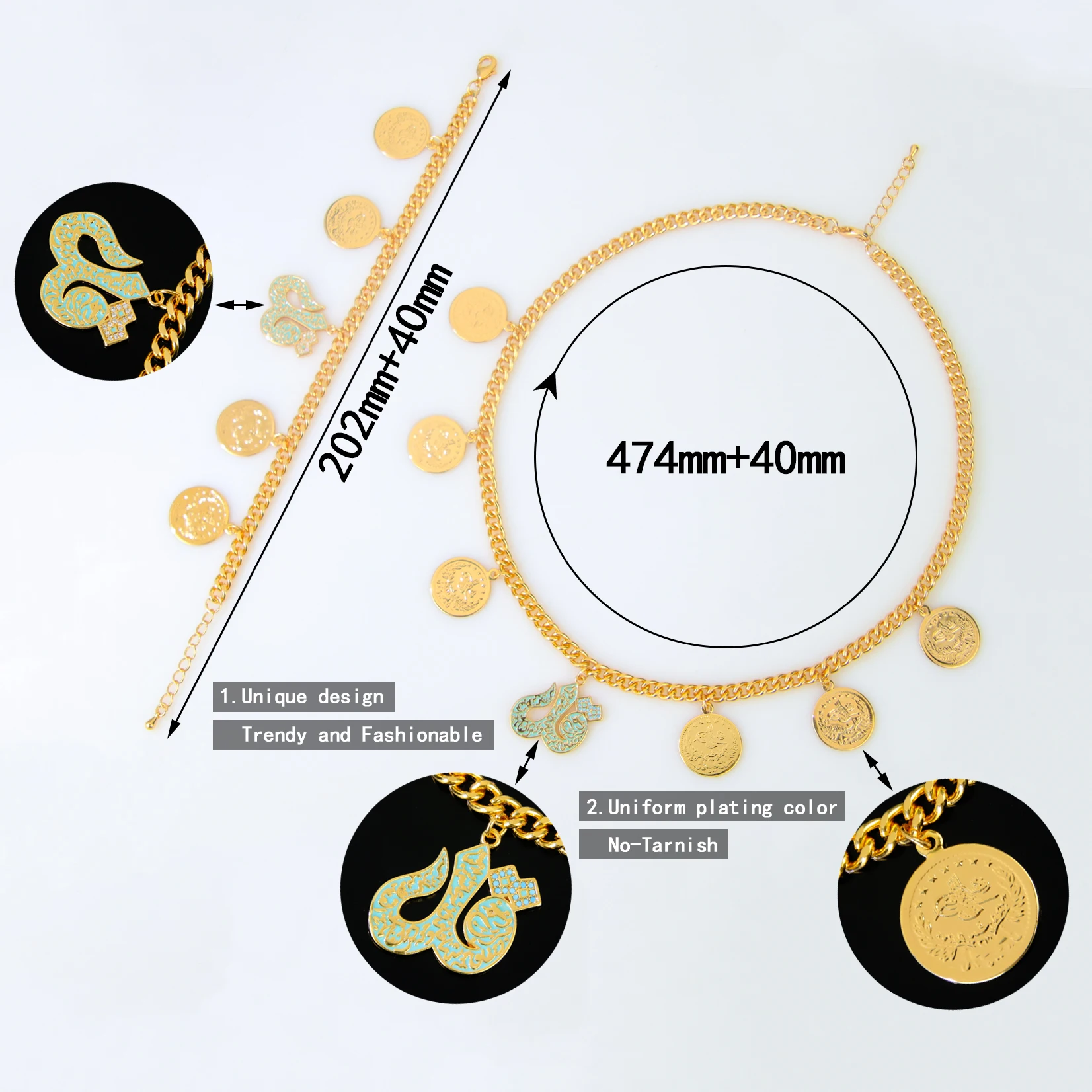 Saudi Islamic Gold Plated Coins Necklace Set 21k Gold Color Turkish Fashion Chokers Dubai Women Wedding Party Jewelry