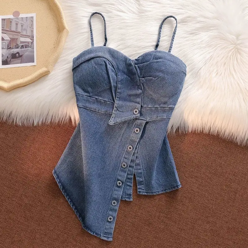 Pure Desire Sexy Denim Vest Women's Chest Cushion Asymmetric Slim Fit Waist Cinched Open Back Solid Color Suspender Top