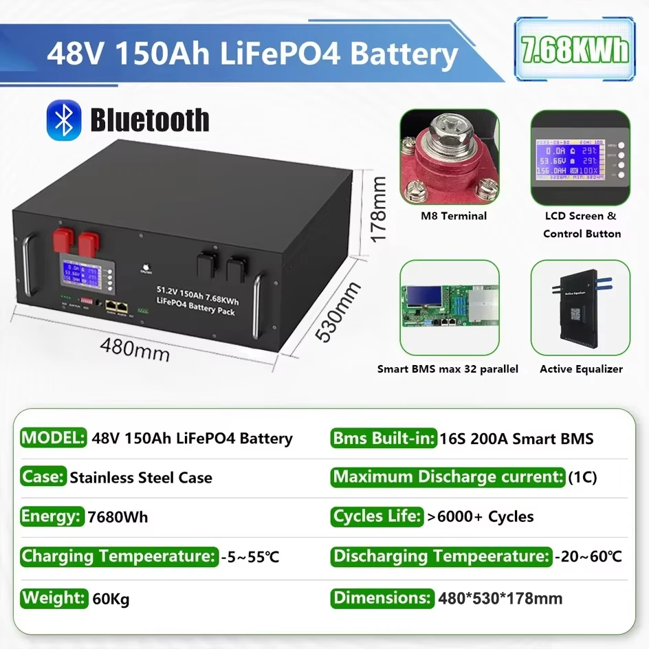 LiFePO4 48V 300Ah 15Kwh Batterie 51,2V 100Ah 200Ah 120Ah 150Ah Lithiumbatterie 6000 Zyklen 48V Solarenergiespeicher Akku EU LAGER