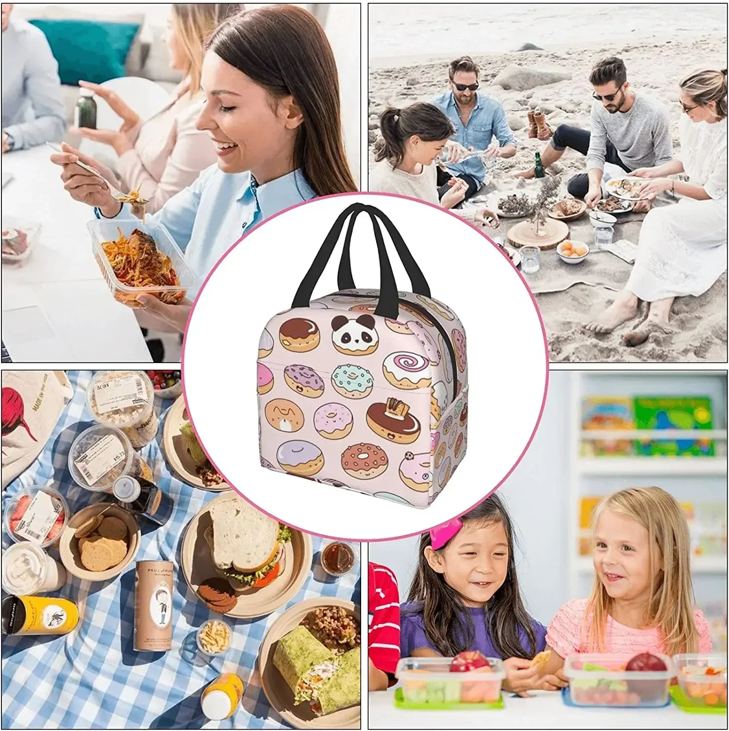 Kawaii Donuts Insulated Lunch Bag Reusable Lunch Box for Girls Cooler Lunch Tote Bag with Front Pocket for School Picnic Office