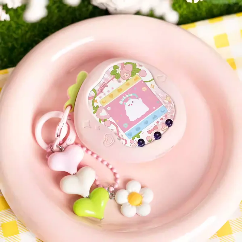 Tamagotchi Uni Smart Pet Machine Red Pink Strawberry Cute Fruit Series حافظة حماية من السيليكون مع ورق لوحة وسلسلة مفاتيح