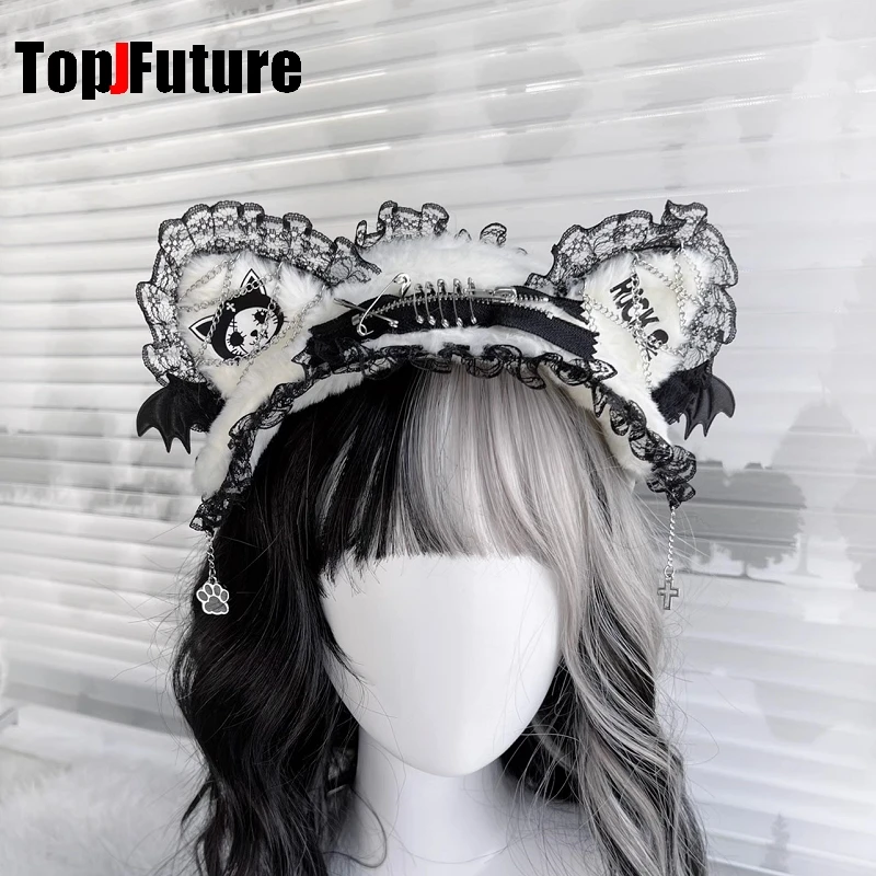 Women's lace y2k girls Gothic Lolita cosplay Harajuku wings lace headband with cat ears headband Lolita punk cosplay headband 4