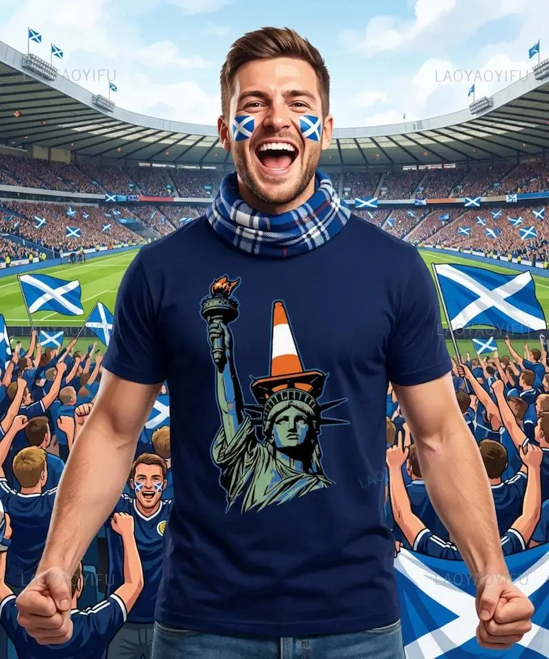 Funny Statue of Liberty Cone On Head Unisex Tee Scotland Tartan Army Football Fan USA Trip Casual Streetwear Top