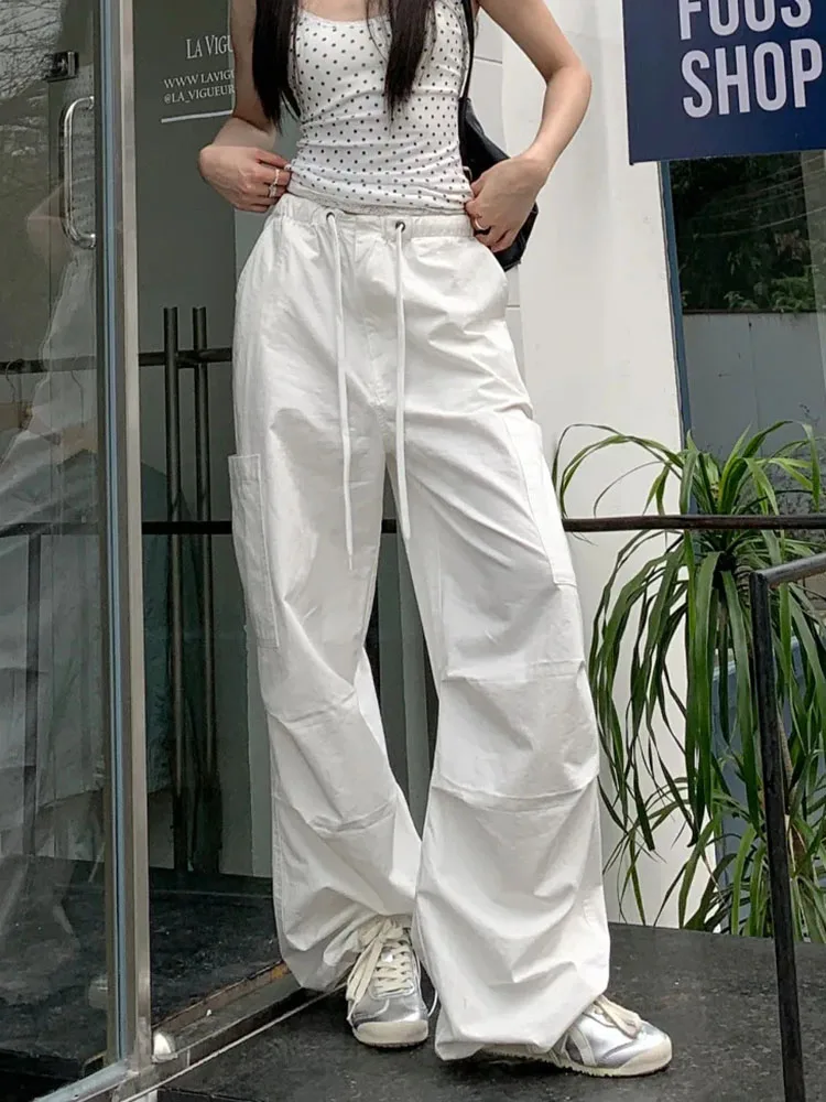 

Zoki Streetwear White Y2K Cargo Pants Women High Waist Vintage Loose Trousers American Harajuku Lace Up High Quality Pants New